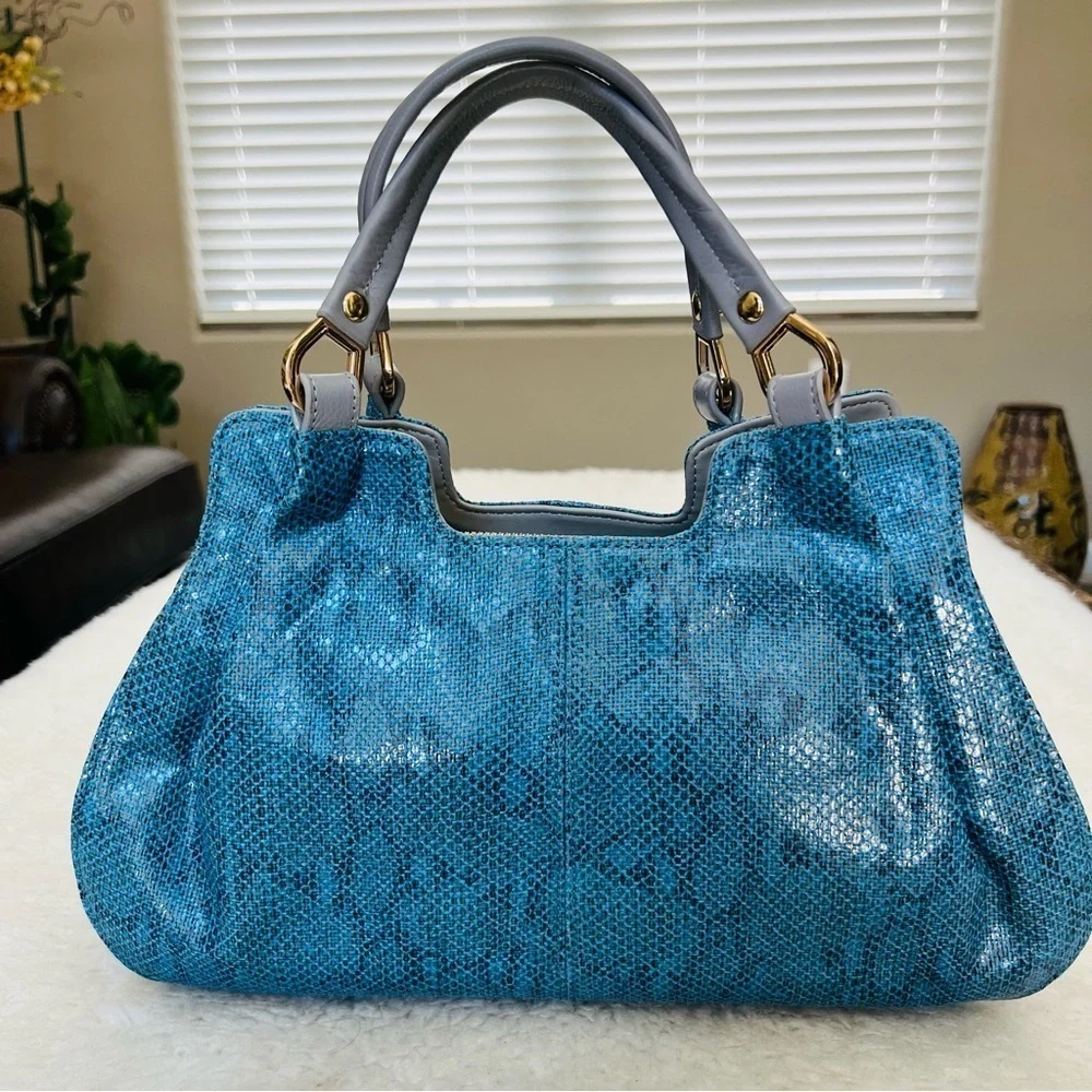Lupuy Snakes Skin Print Blue/Gray Leather Handbag/Satchels Bag